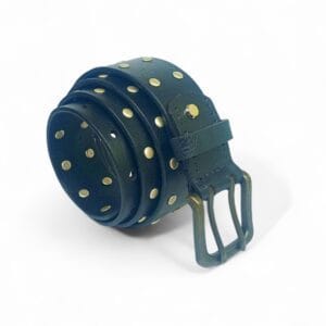 Men’s Studded Black Leather Belt with Antique Brass Buckle – Rock Style | LB-412