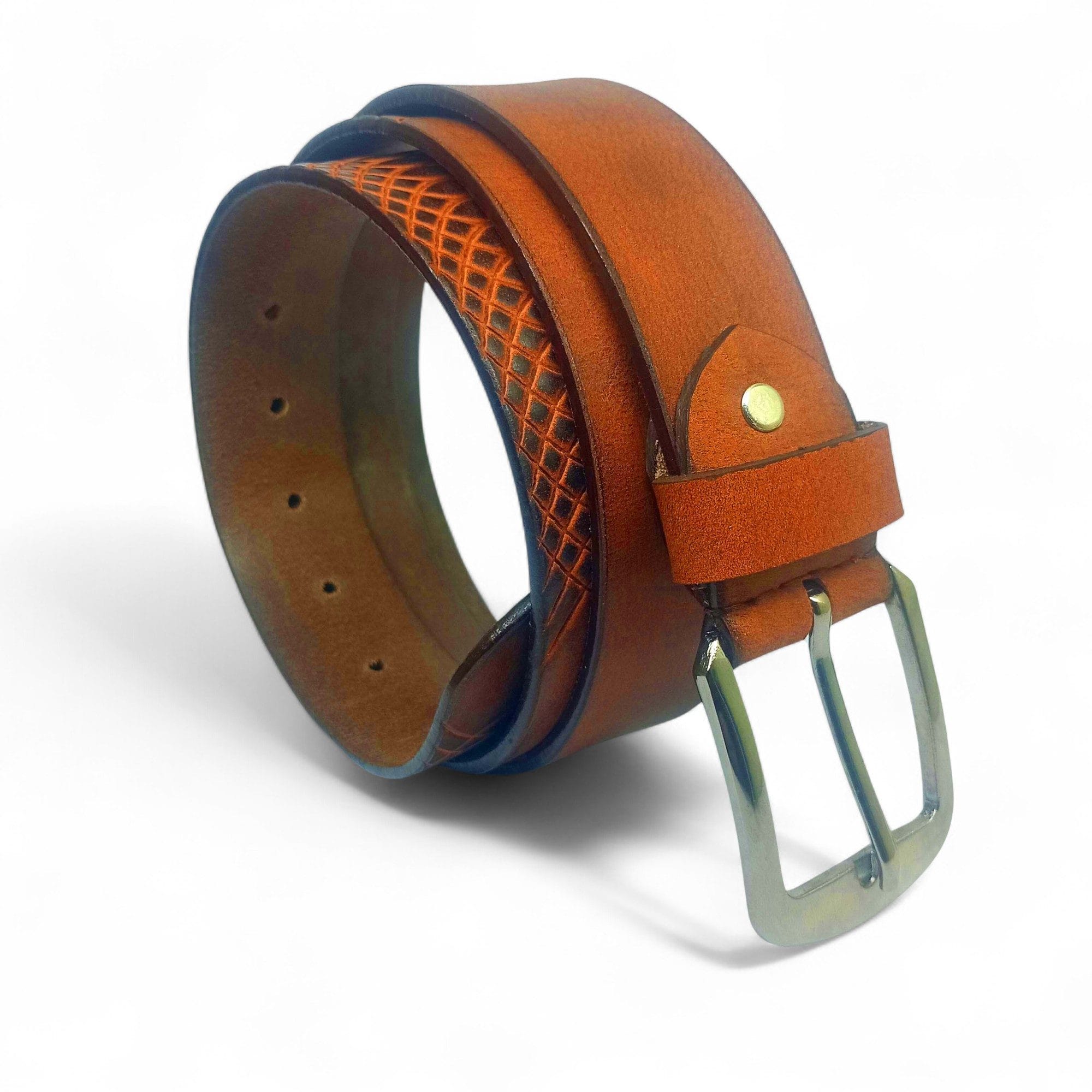 Textured Tan Leather Belt for Men – Full Grain Real Leather with Cross Pattern Design | LB-209 - Image 2