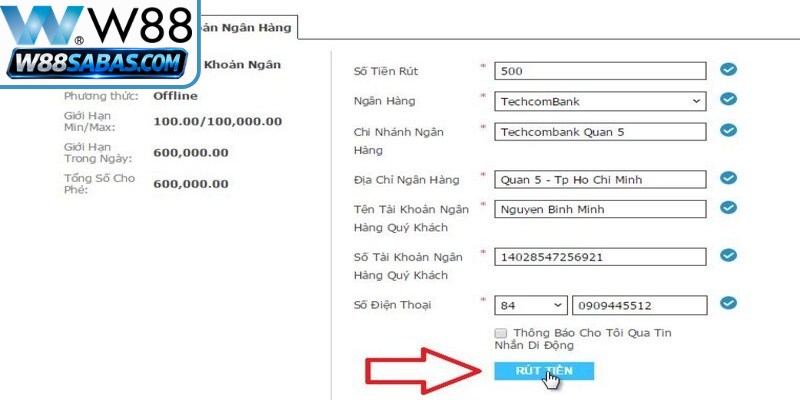 Thực hiện rút tiền W88 trên Apps về tài khoản ngân hàng chính chủ